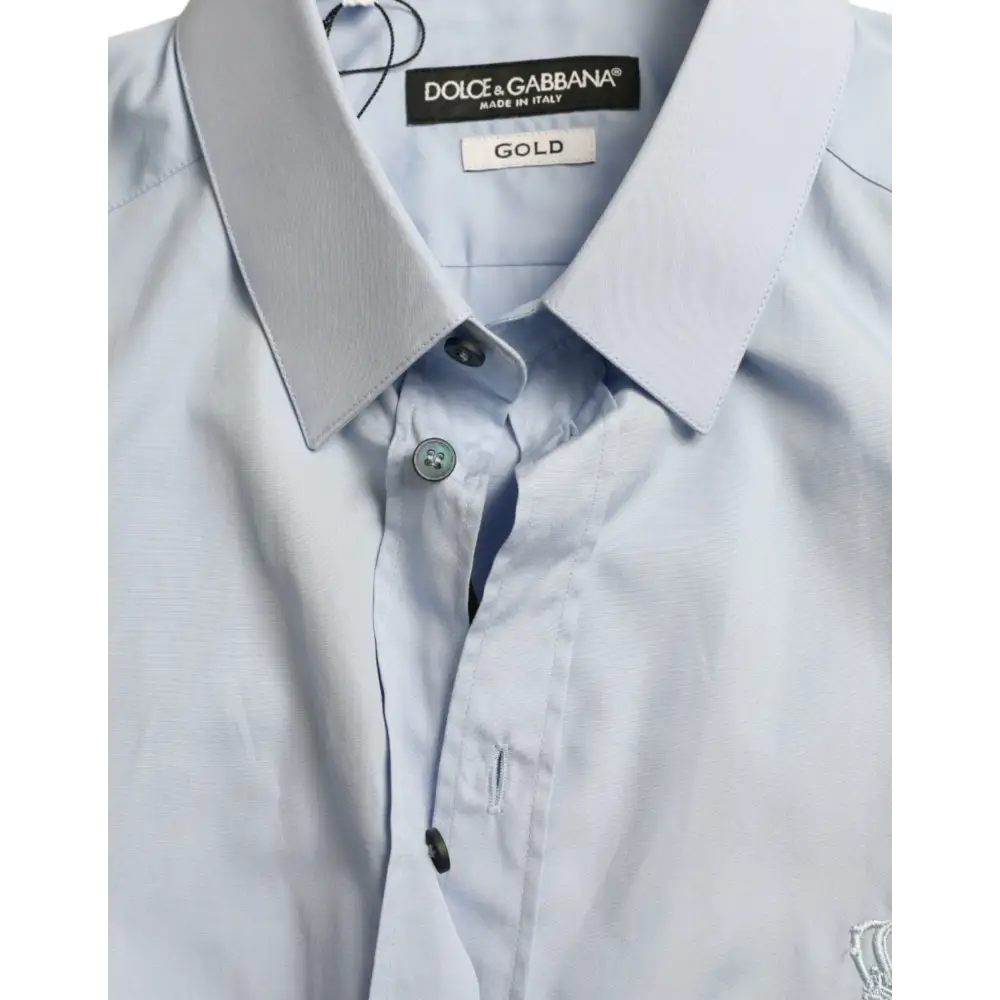 Sky blue cotton Dolce & Gabbana formal gold dress shirt with crisp collar