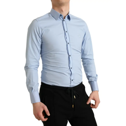 Dolce & Gabbana sky blue cotton formal gold dress shirt with long sleeves
