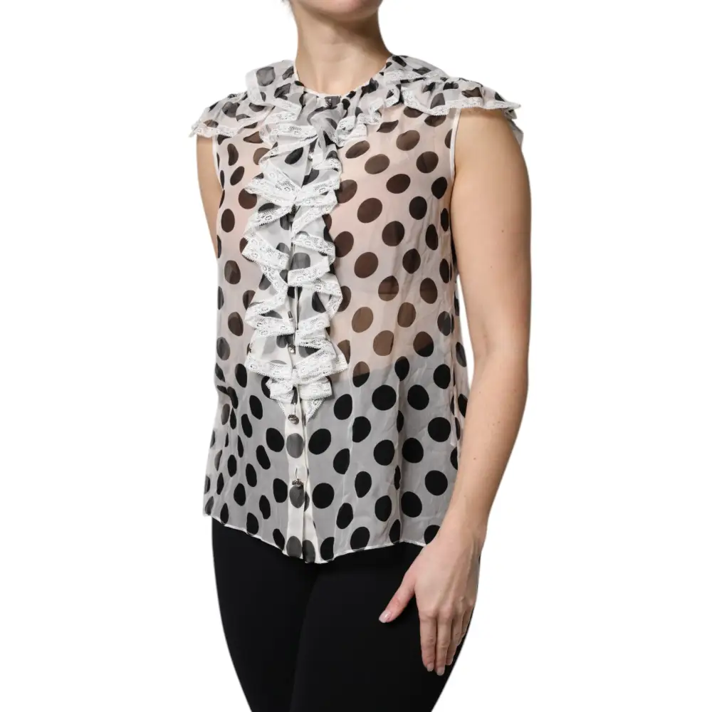 Dolce & Gabbana White Black Polka Dot Cotton Sleeveless Top - Skjorte