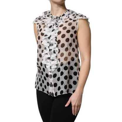 Dolce & Gabbana White Black Polka Dot Cotton Sleeveless Top - Skjorte