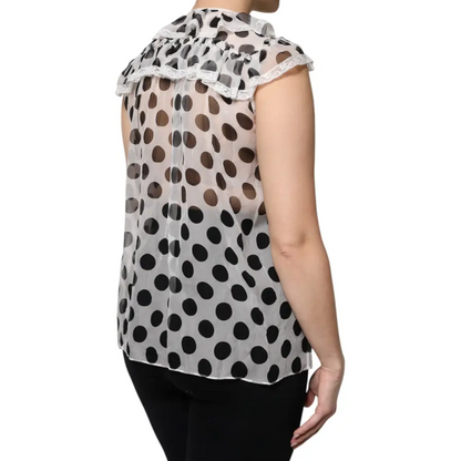 Dolce & Gabbana White Black Polka Dot Cotton Sleeveless Top - Skjorte