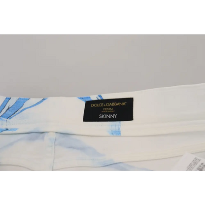Dolce & Gabbana white blue denim cotton skinny jeans with floral pattern