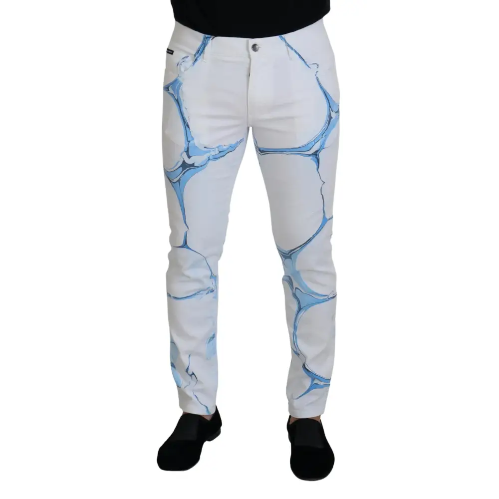 Dolce & Gabbana white blue denim jeans med blå marmor mønster