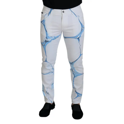 Dolce & Gabbana white blue denim jeans med blå marmor mønster