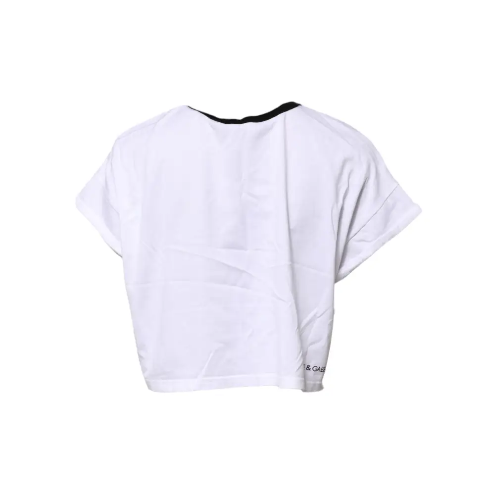 Dolce & Gabbana white cotton crew neck cropped t-shirt with black ribbed neckline and subtle g & gab branding