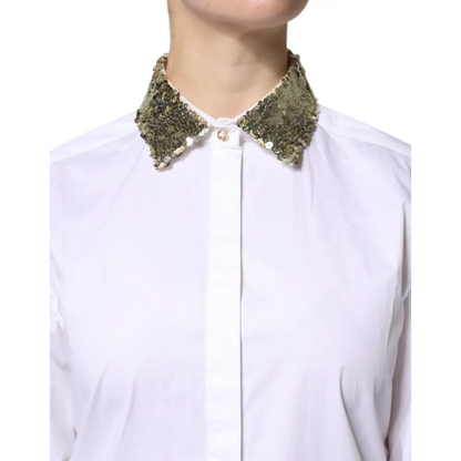 Dolce & Gabbana White Cotton Long Sleeves Sequin Shirt Top - Skjorte