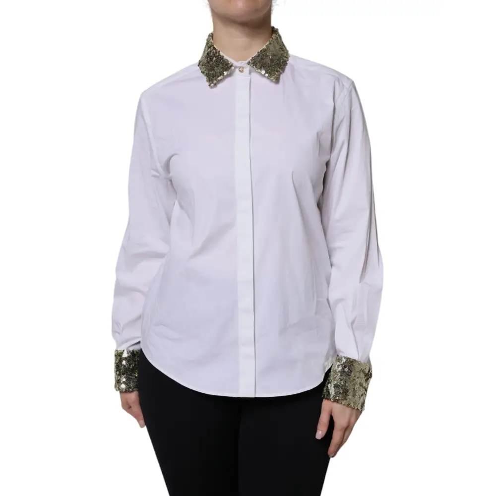 Dolce & Gabbana White Cotton Long Sleeves Sequin Shirt Top - Skjorte