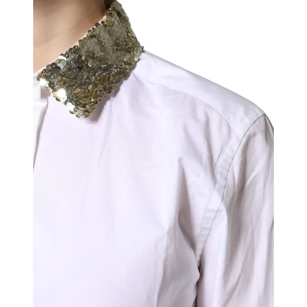 Dolce & Gabbana White Cotton Long Sleeves Sequin Shirt Top - Skjorte