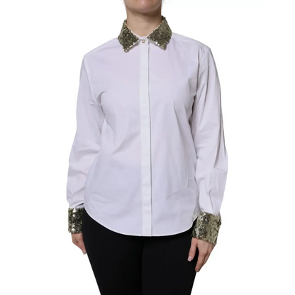 Dolce & Gabbana White Cotton Long Sleeves Sequin Shirt Top - Skjorte