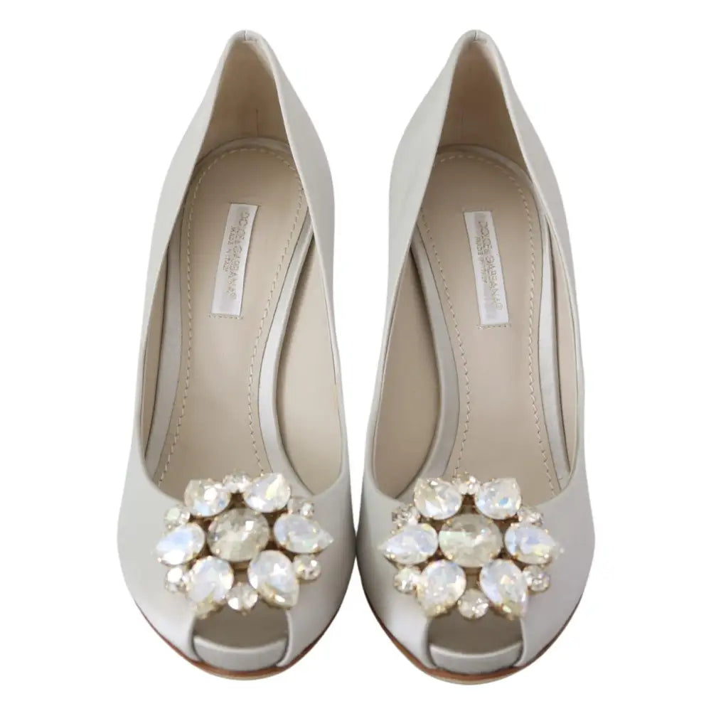 Dolce & Gabbana White Crystals Peep Toe Heels Satin Pumps Shoes