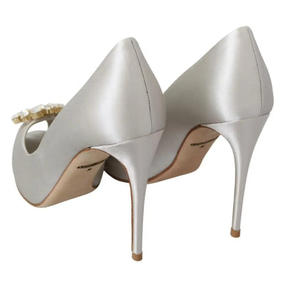 Dolce & Gabbana White Crystals Peep Toe Heels Satin Pumps Shoes
