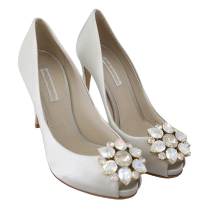 Dolce & Gabbana White Crystals Peep Toe Heels Satin Pumps Shoes