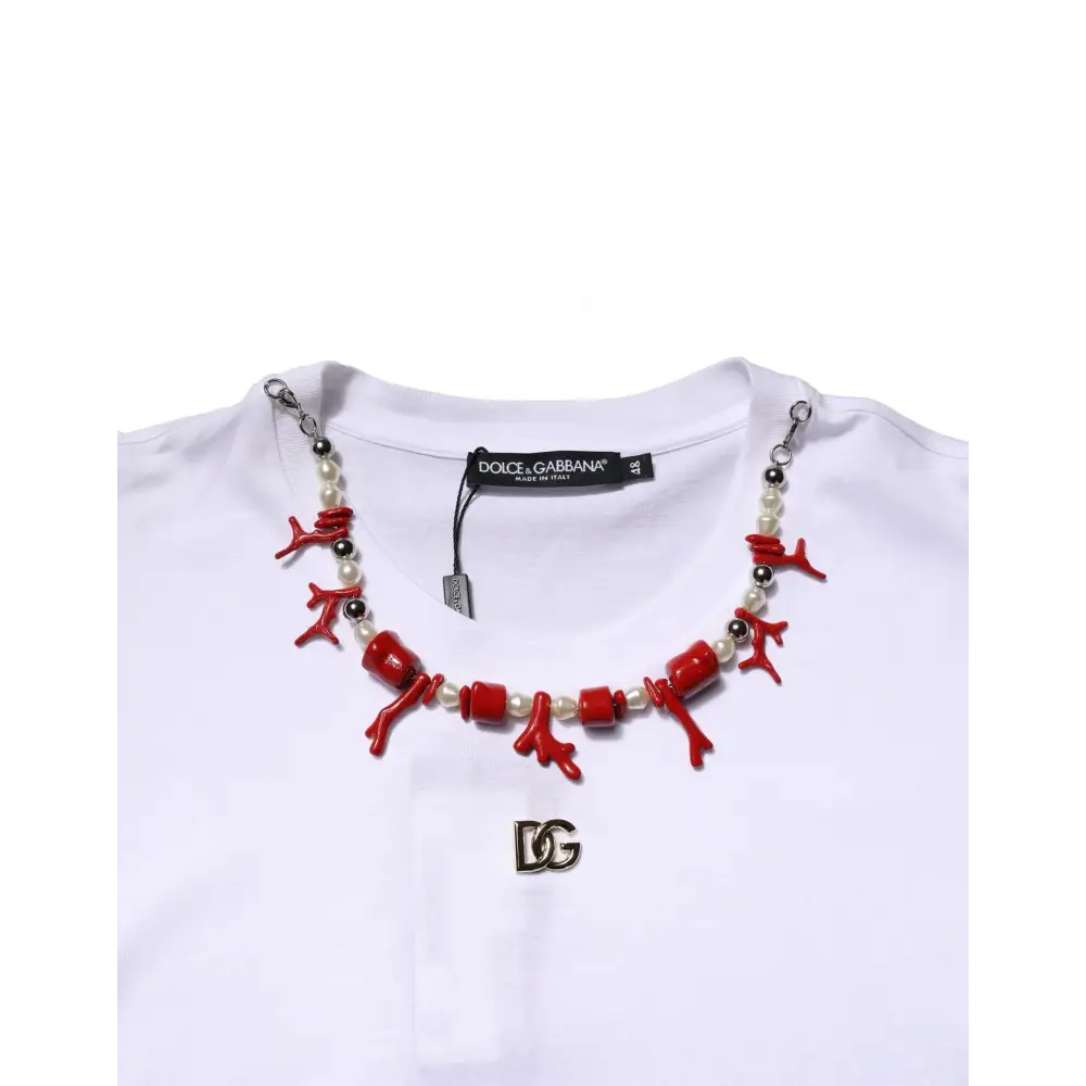 Dolce & Gabbana White Embellished Cotton Crew Neck T-shirt - T-shirts