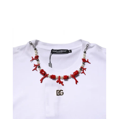 Dolce & Gabbana White Embellished Cotton Crew Neck T-shirt - T-shirts