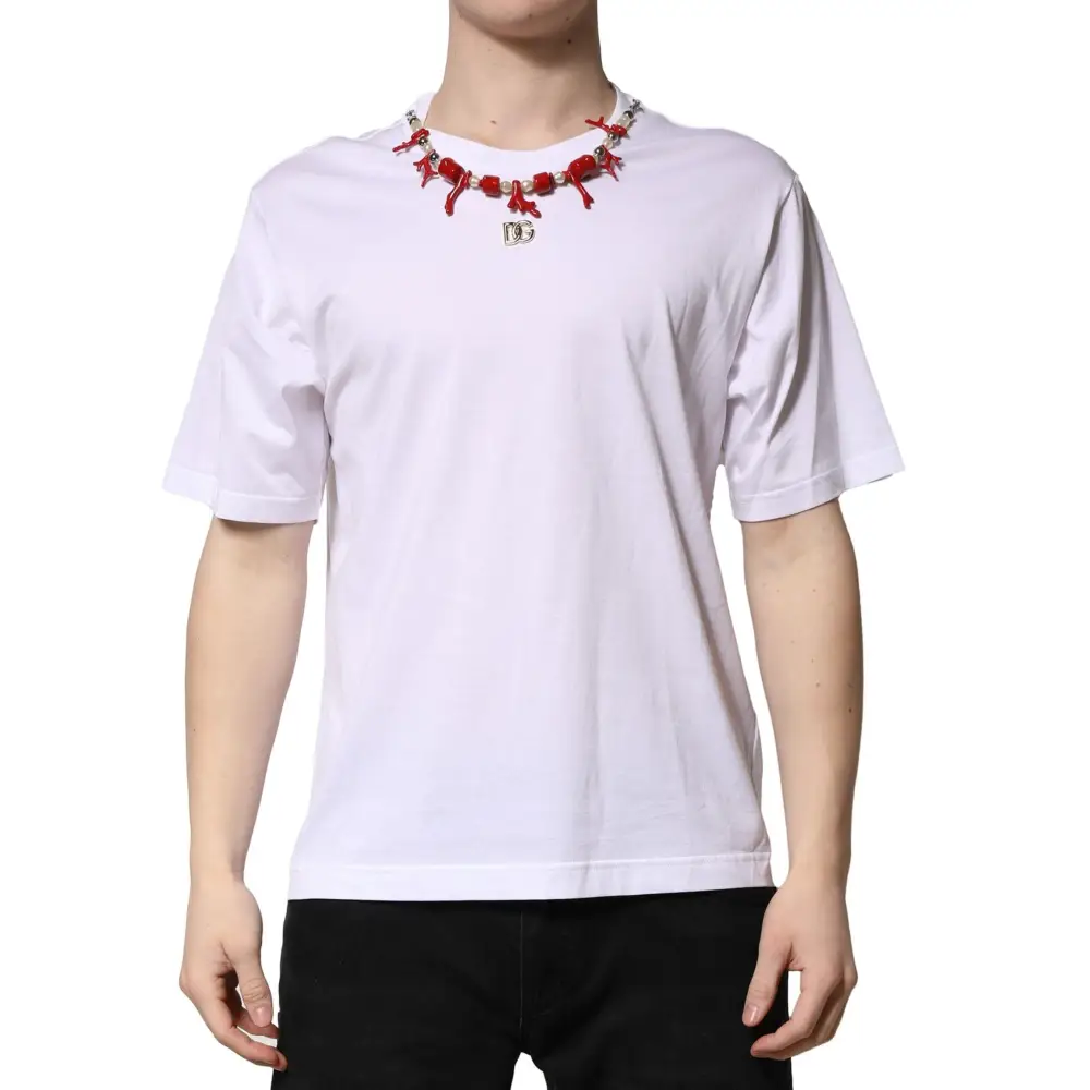 Dolce & Gabbana White Embellished Cotton Crew Neck T-shirt - T-shirts
