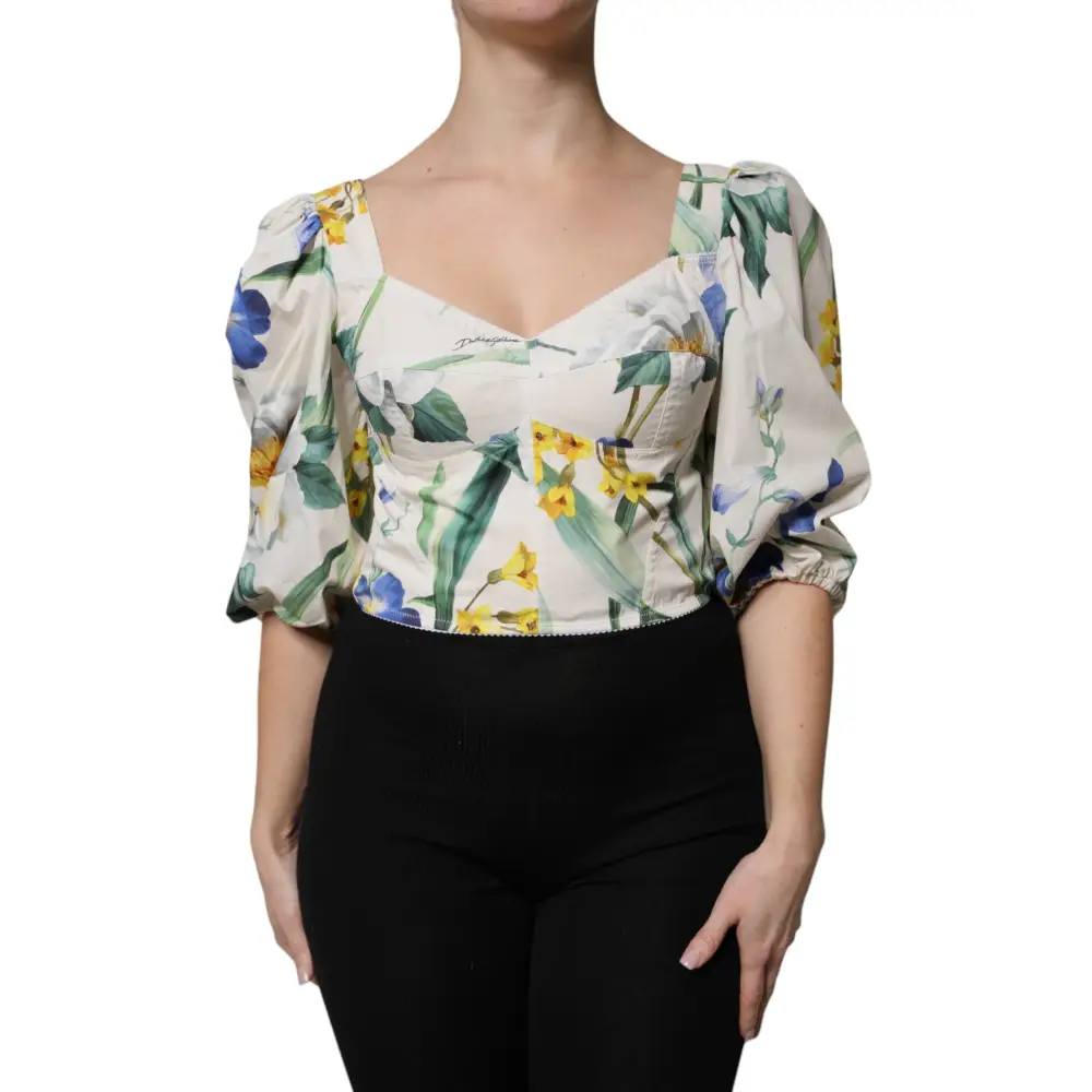 Dolce & Gabbana White Floral Puff Sleeves Crop Blouse Top - Bluser