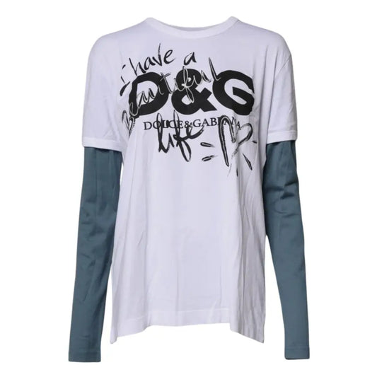 Hvid Dolce & Gabbana T-shirt med sort graphic print og teal ærmer, 100% originale brands
