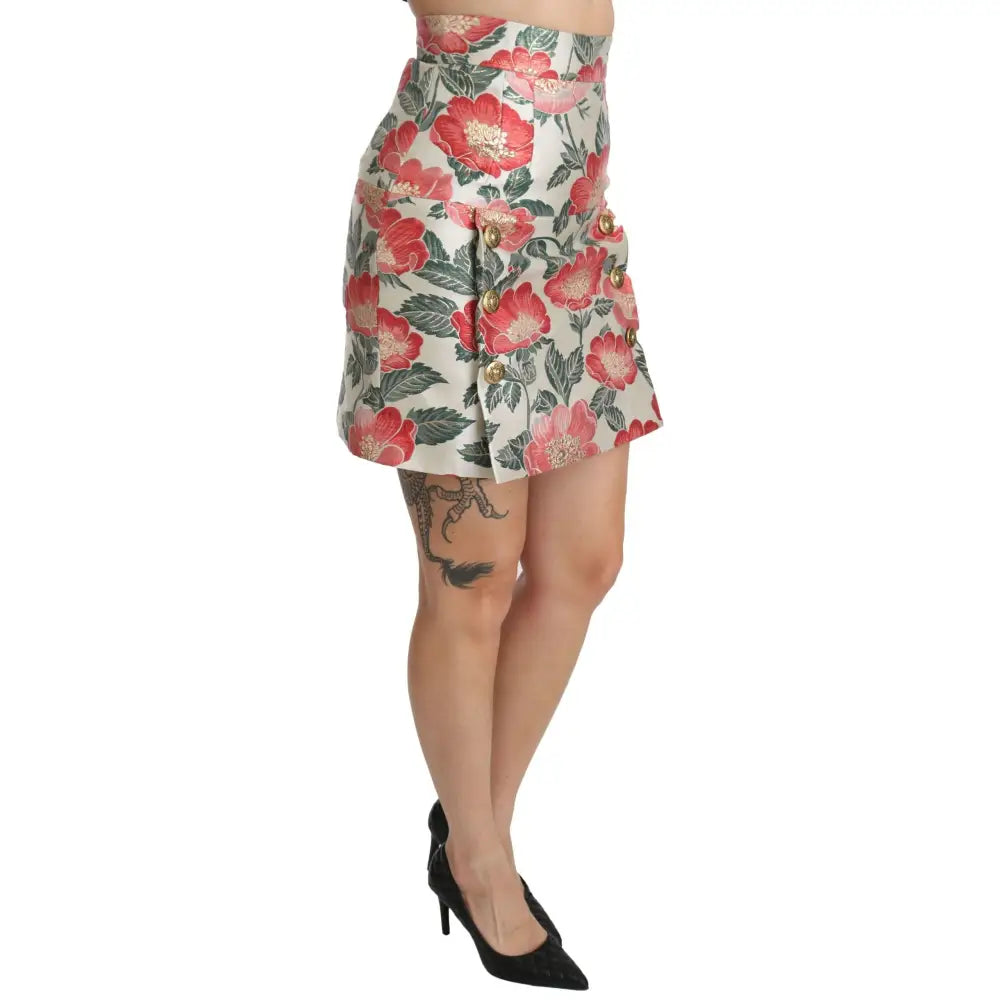 Dolce & Gabbana White Green Red Floral High Waist Mini Skirt