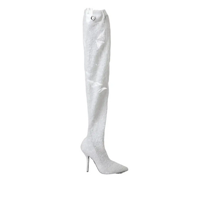 Dolce & Gabbana white heels stiletto knee high boots with glittery texture