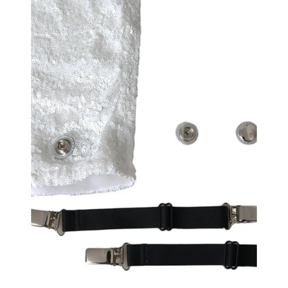 Dolce & Gabbana white heels stiletto boots med sekvensstof, sølvknapper og sorte seler