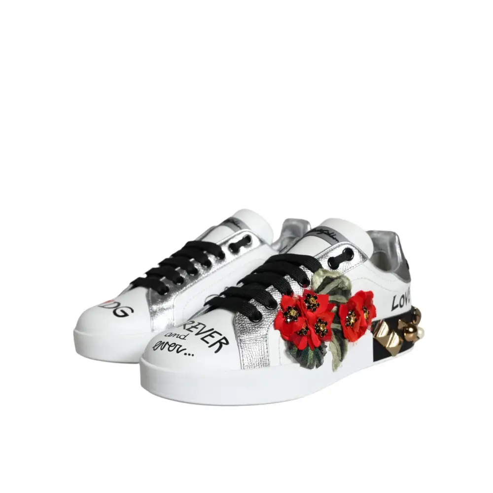 Dolce & Gabbana white leather floral studded sneakers with red poppies