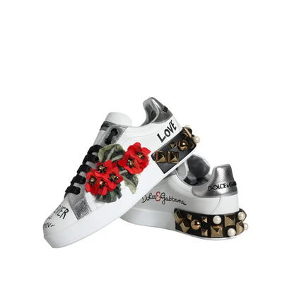 Dolce & Gabbana white leather floral studded sneakers with red appliqués