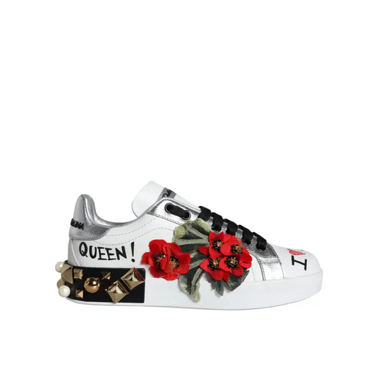 Dolce & Gabbana white leather floral studded sneakers with red appliqués