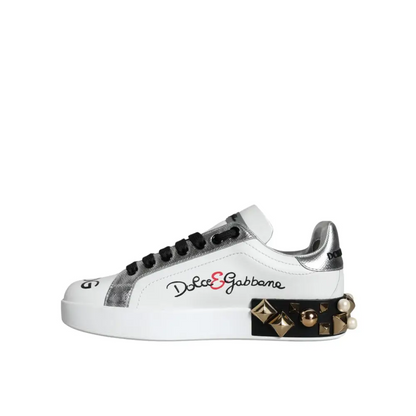 Dolce & Gabbana white leather floral studded sneakers with silver accents