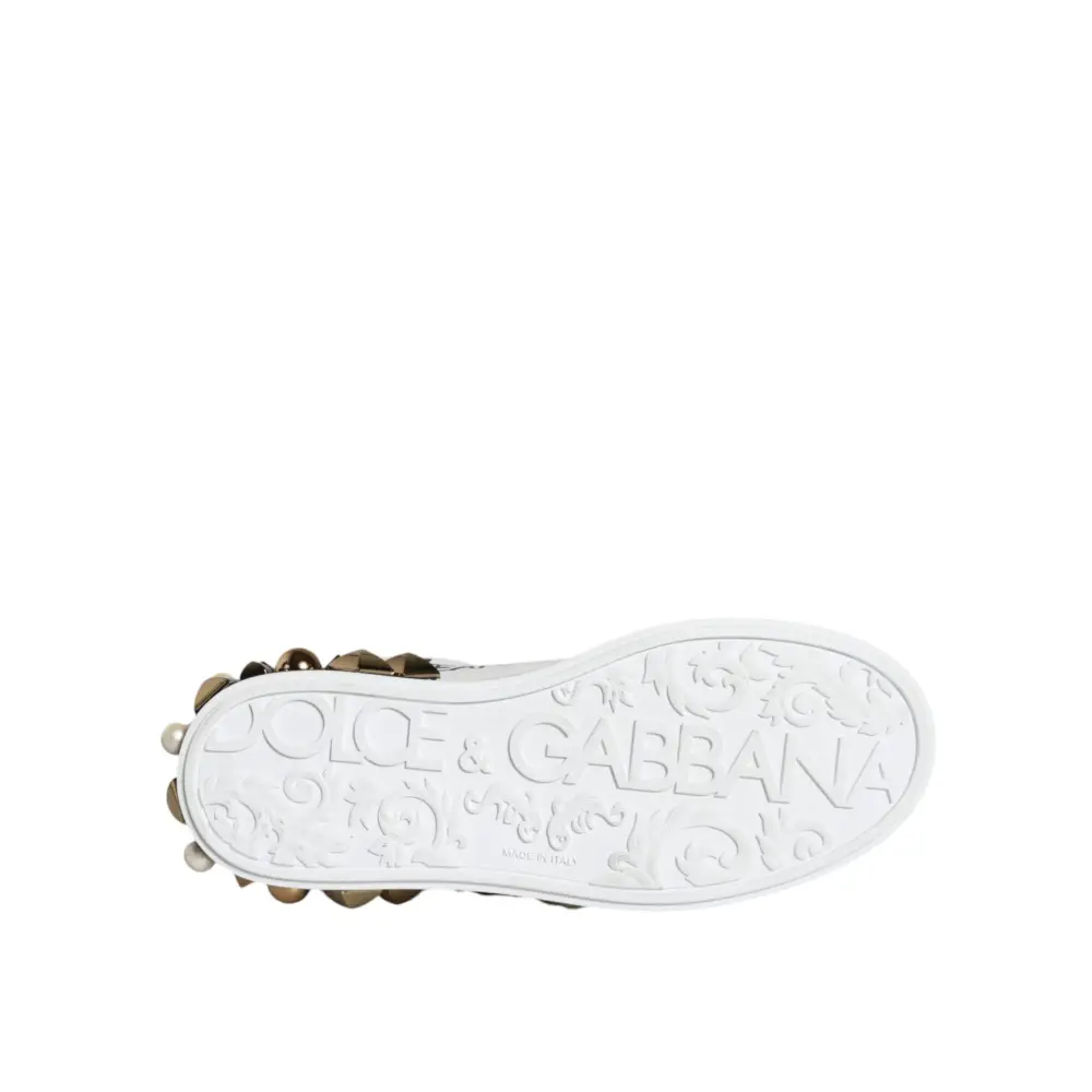 Dolce & Gabbana white leather floral studded sneaker sole with gold embellishments