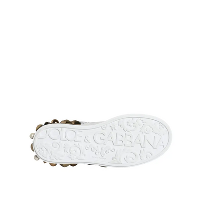Dolce & Gabbana white leather floral studded sneaker sole with gold embellishments
