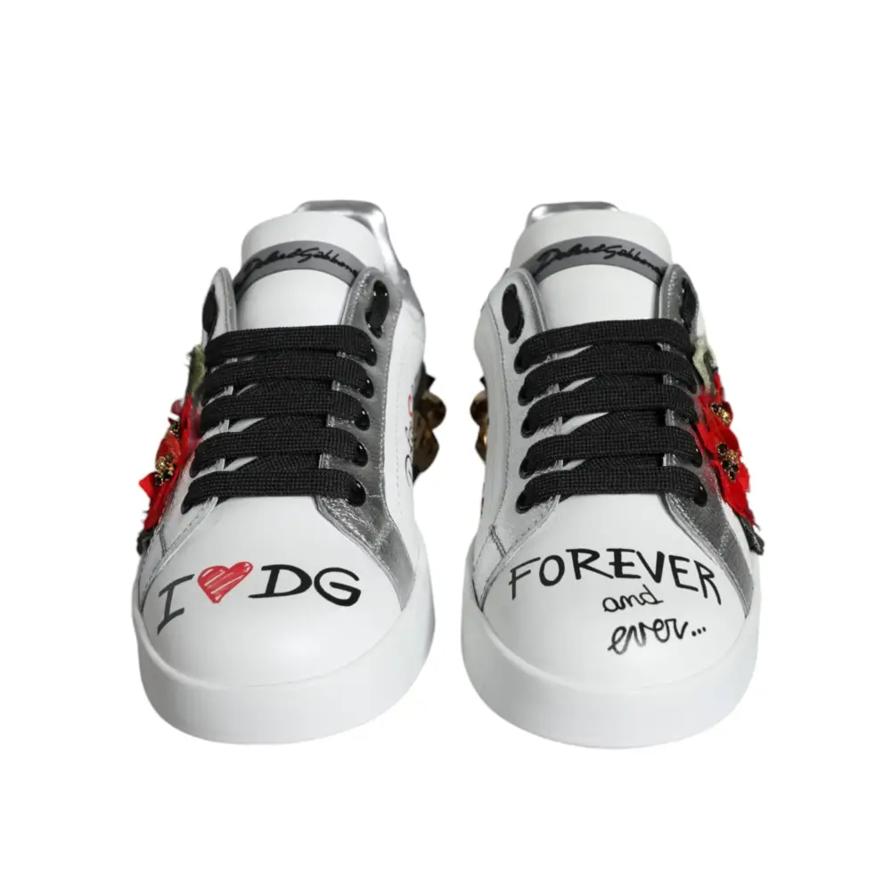 Dolce & Gabbana white leather floral studded sneakers with silver accents