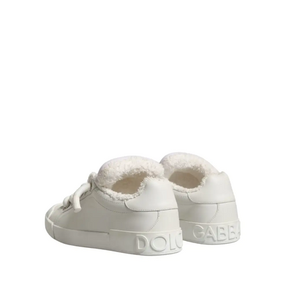 Dolce & Gabbana White Leather Shearling Fur Low Top Sneakers Shoes - Sneakers
