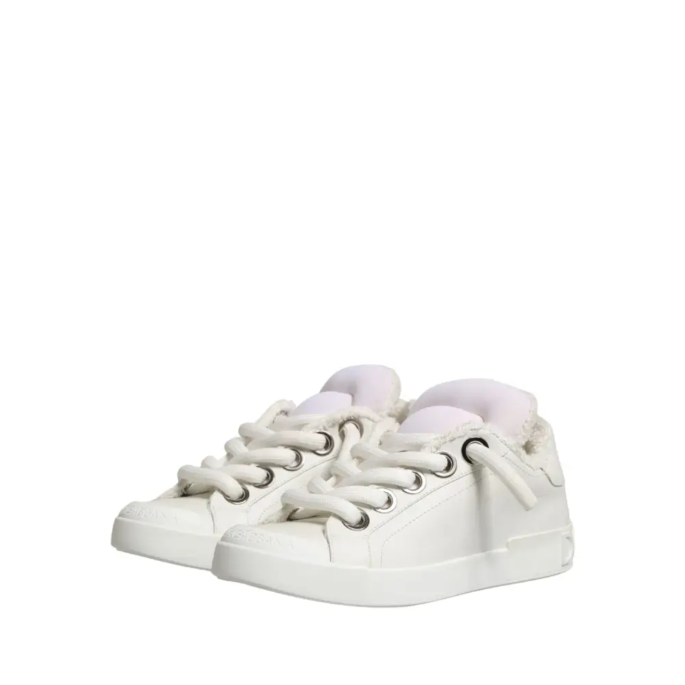 Dolce & Gabbana White Leather Shearling Fur Low Top Sneakers Shoes - Sneakers