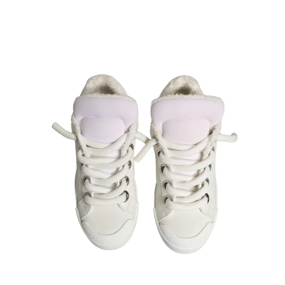 Dolce & Gabbana White Leather Shearling Fur Low Top Sneakers Shoes - Sneakers