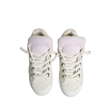 Dolce & Gabbana White Leather Shearling Fur Low Top Sneakers Shoes - Sneakers