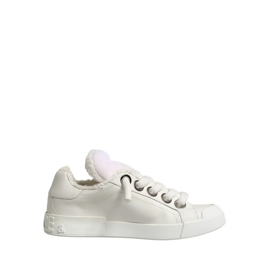 Dolce & Gabbana White Leather Shearling Fur Low Top Sneakers Shoes - Sneakers