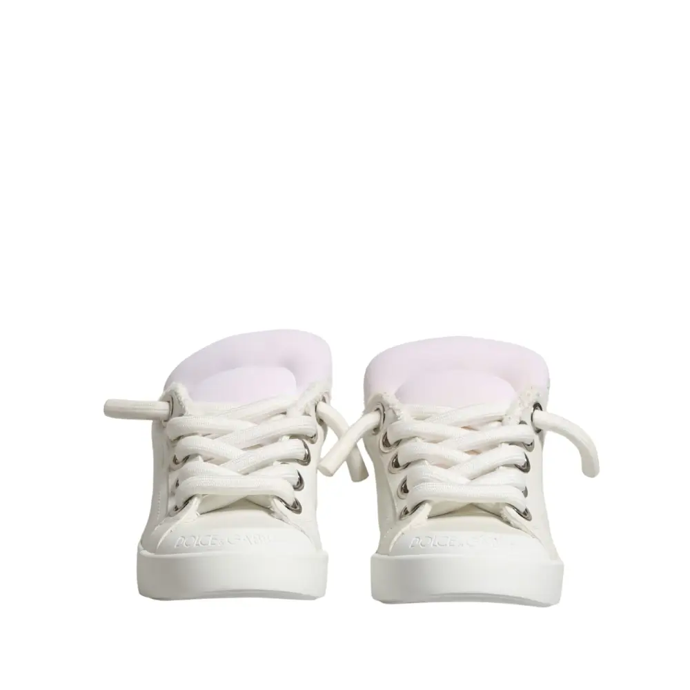 Dolce & Gabbana White Leather Shearling Fur Low Top Sneakers Shoes - Sneakers