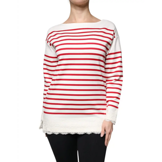 Dolce & Gabbana rød-hvid stribet langærmet top med blonds i outlet mærkevarer