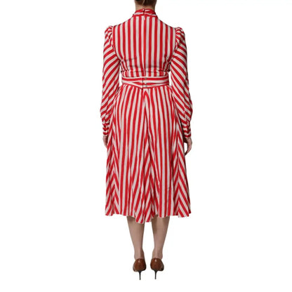 Dolce & Gabbana White Red Stripes Long Sleeves Midi Dress