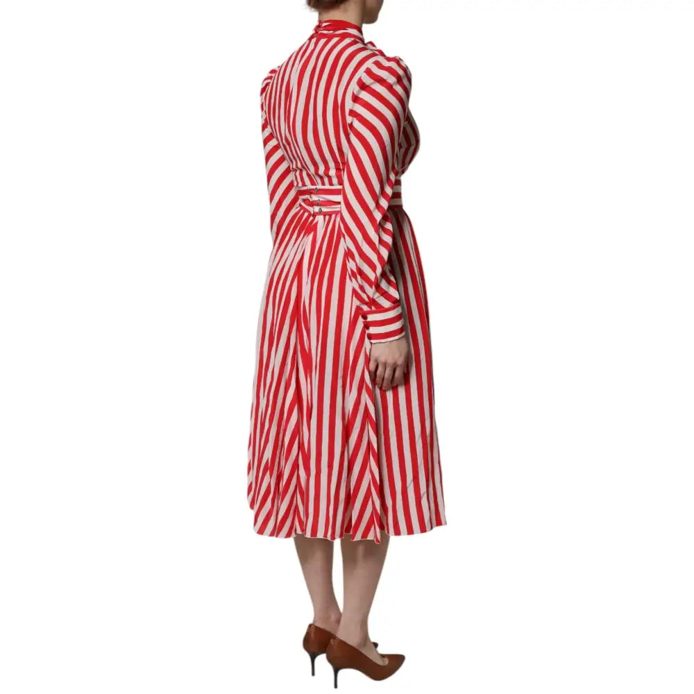 Dolce & Gabbana White Red Stripes Long Sleeves Midi Dress