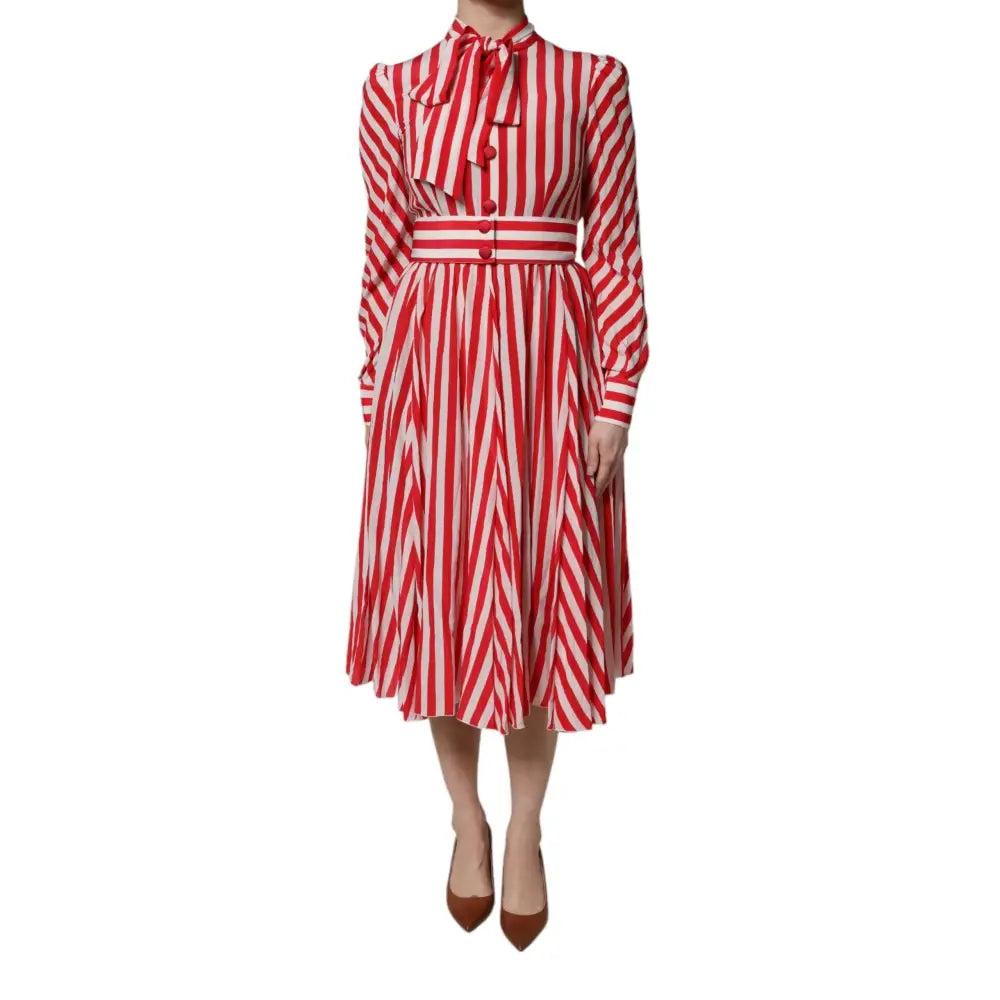 Dolce & Gabbana White Red Stripes Long Sleeves Midi Dress