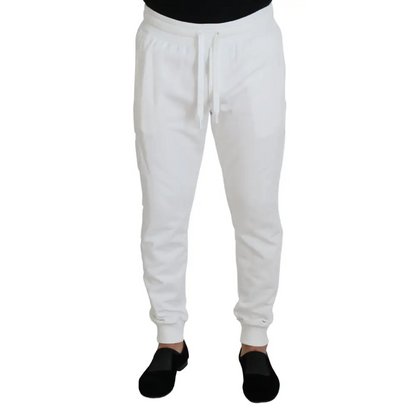 Dolce & Gabbana white sport logo cotton joggers med snøre og manchetter