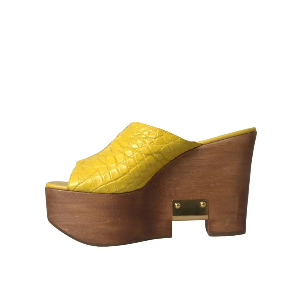 Gul læder wood mule wedge med croc-præg og træklump på bagsiden