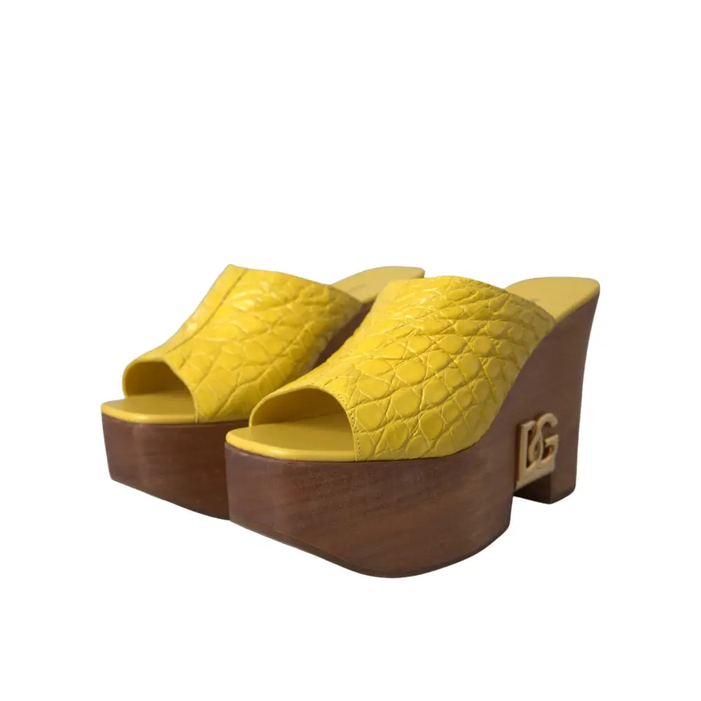 Gule Dolce & Gabbana læder wood mule wedge med krokodillempress og guld-logo