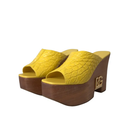 Gule Dolce & Gabbana læder wood mule wedge med krokodillempress og guld-logo