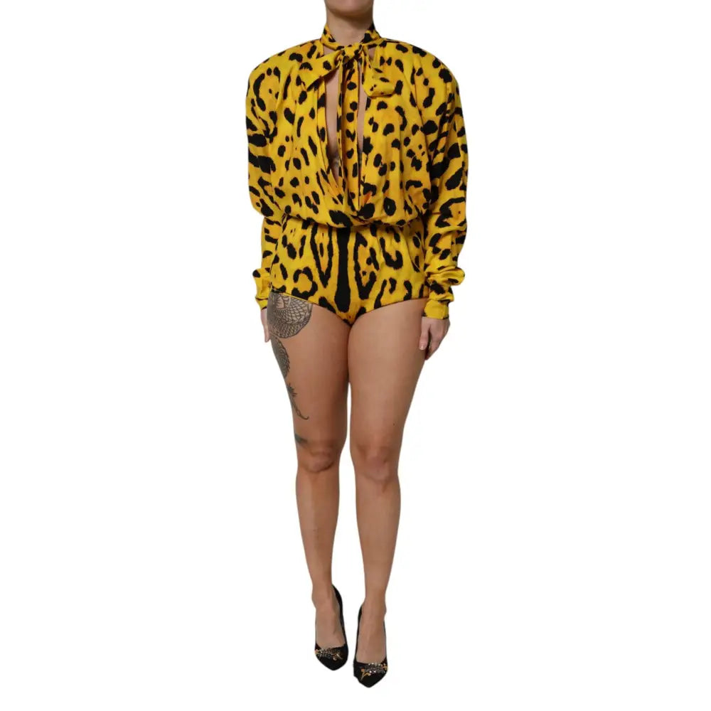 Dolce & Gabbana Yellow Leopard Long Sleeves Jumpsuit Dress