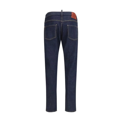 Dsquared² mørke indigo denim jeans med hvid syning og brun læderpatch. Outlet mærkevarer, spar 30-70%