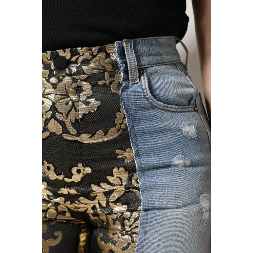 Gabbana multicolor patchwork high waist jeans med sort stof og guld broderi