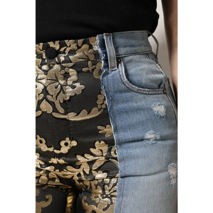 Gabbana multicolor patchwork high waist jeans med sort stof og guld broderi