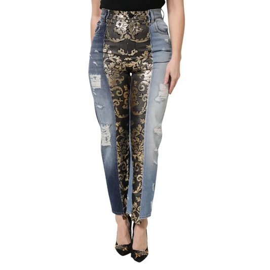 Dolce & Gabbana multicolor patchwork high waist jeans med sort-guld mønster
